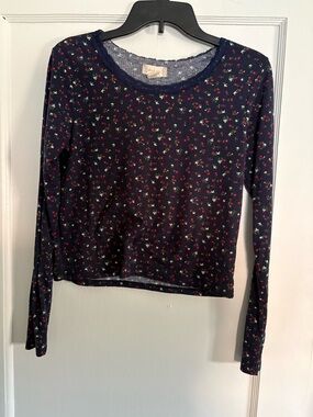 Altar'd State Navy Long-Sleeve Floral Ribbed Top